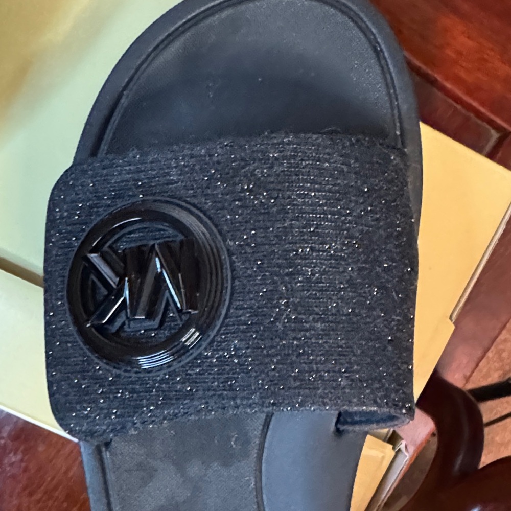 EUC Michael Kors Glitter Black Slides Velcro Closure Size 8 MK Charm  Branding - Picture 8 of 14